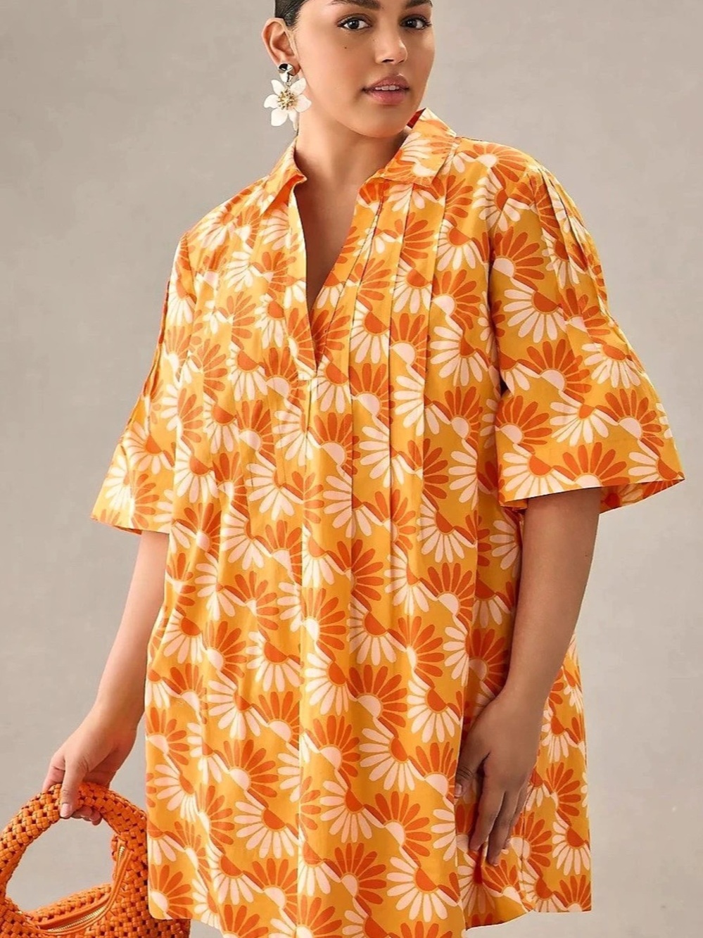 Anthropologie Floral Mini Dress in Orange & White Size Medium Like New